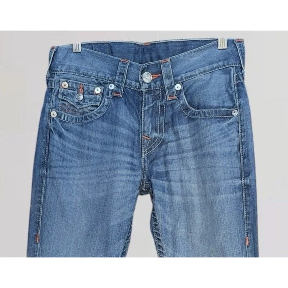 True Religion Skinny Flap Mesh Men’s W28 L34 Blue Jeans With Orange Embroidery